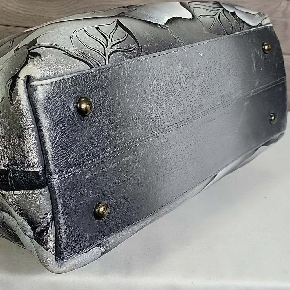 Anuschka Black and Gray Floral Leather Handbag